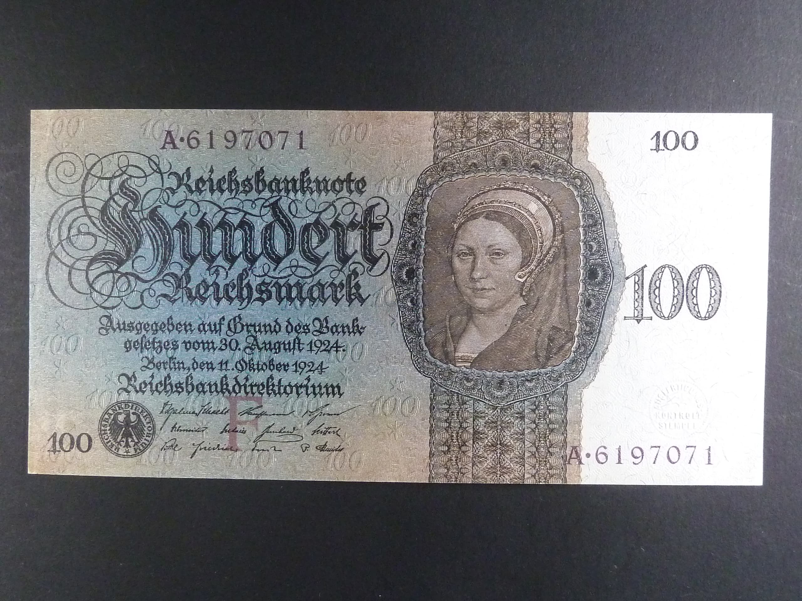 Německo, 100 RM 1924 série A, podtiskové písmeno F, Ba. D7