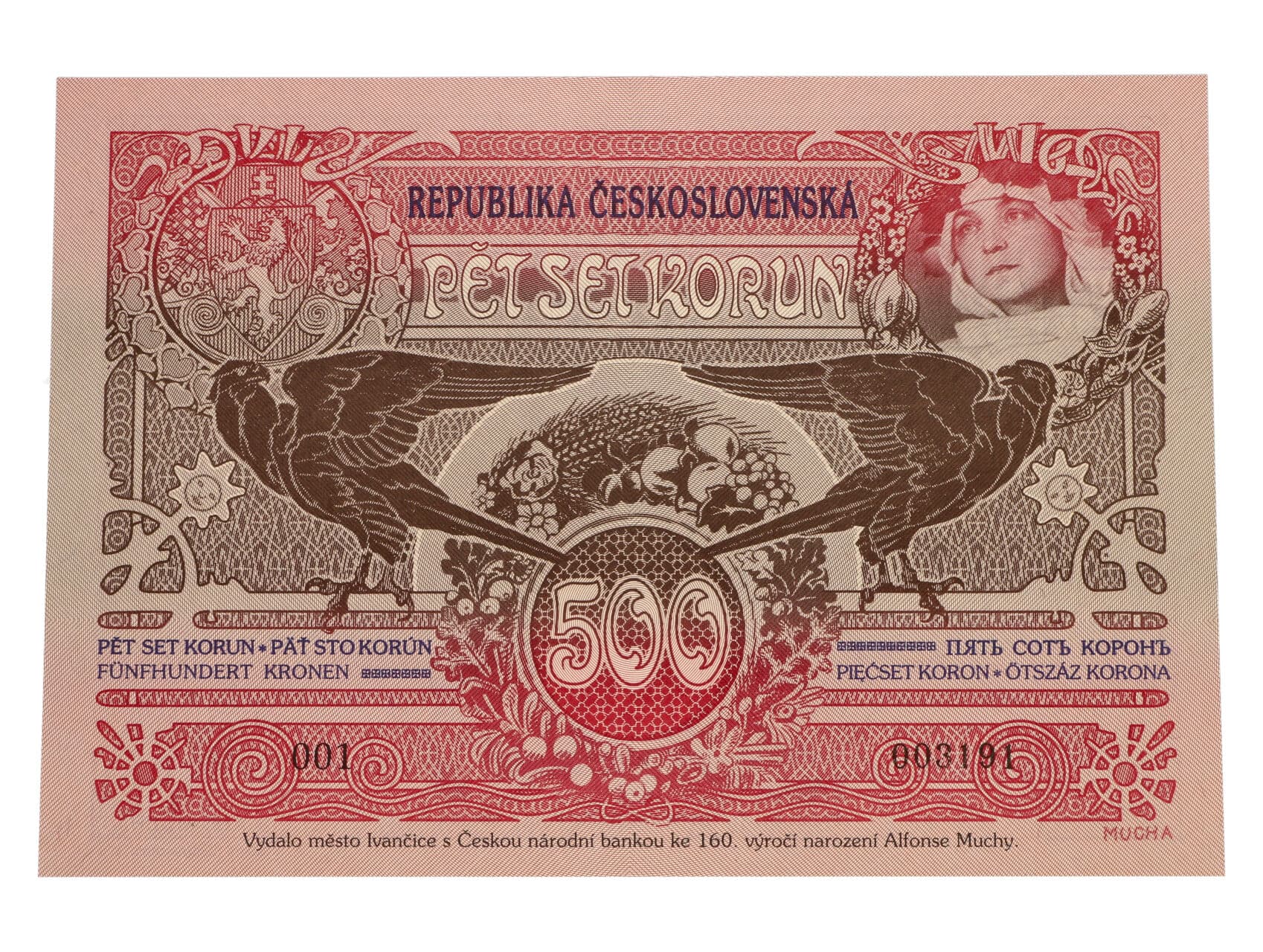 500 Kčs 1919 novotisk vydaný STC pro město Ivančice ke 160.výročí narození Alfonse Muchy v Ivančicích, (SÉRIE 000001-000100)