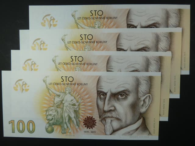 Pamětní tisk z nevydaného oceněného návrhu 100 Kč 2019 série A01, B01, C01, D01 od Karla Zemana k 100.výročí budování české měny, motiv s Rašínem, sada 4 kusů, dárkový obal, náklad 2000ks