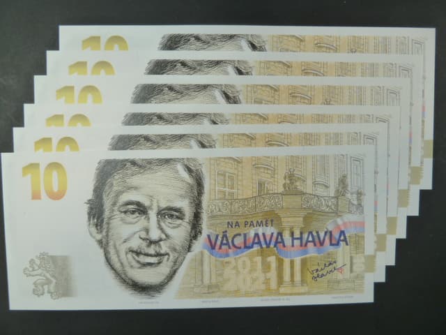 Pamětní tisk ve formě bankovky na počest prezidenta Václava Havla, série A, B, C, D, E, V 01 000099, sada 6 kusů, dárkový obal