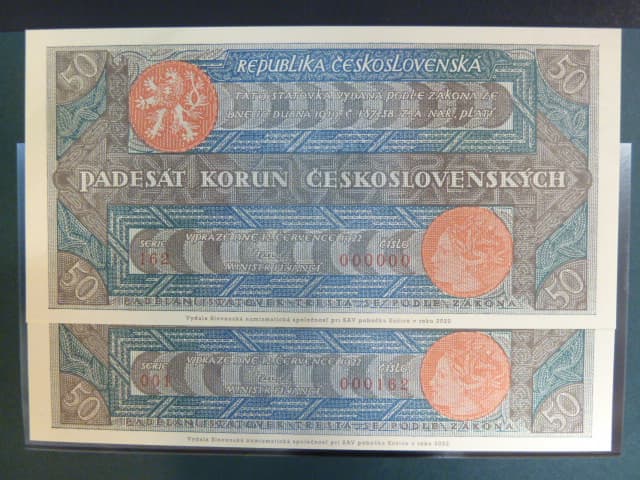 50 Kčs 1922 anulát spolu s novotisken se stejnou sérií vydaný STC pro SNS Košice, sada 2 kusy