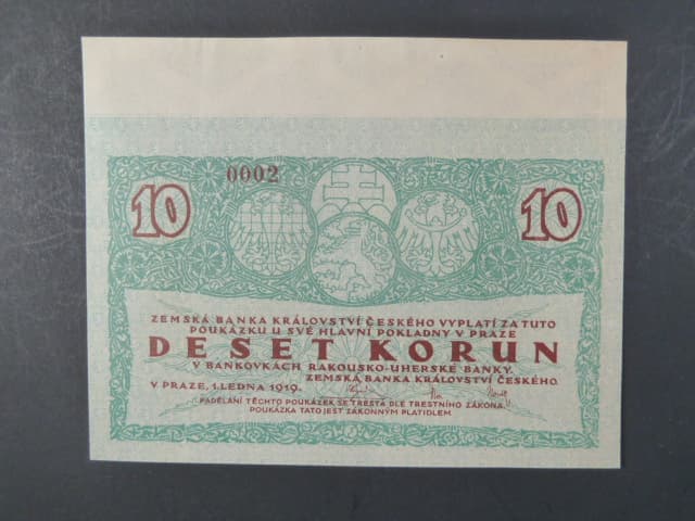 nevydaná 10 Kč 1.1.1919 poukázka Zemské banky království českého v Praze od A. Muchy, jednostranný exemplář se sérií 0002, velmi vzácná, Ba. ZB 1c