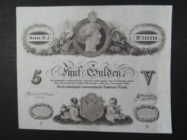 5 Gulden 1.1.1841 série N.j, reparovaný pravý okraj