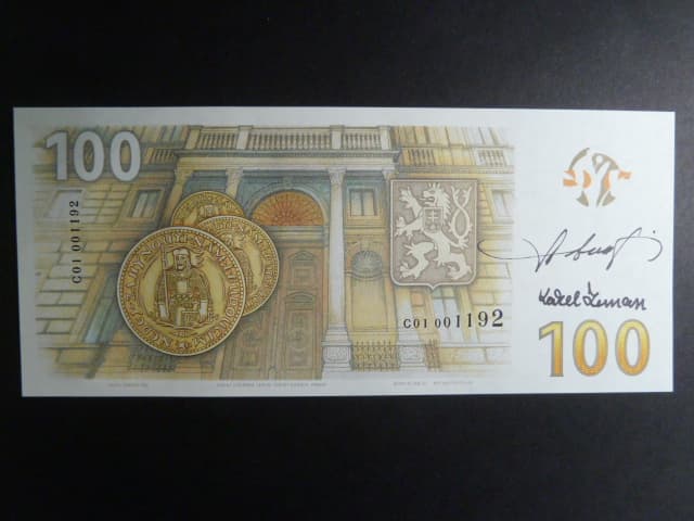 Pamětní tisk z nevydaného oceněného návrhu 100 Kč 2019 série C01 od Karla Zemana k 100.výročí budování české měny, motiv s Rašínem, s vlastnoručním podpisem "Martin Srb" a "Karel Zeman"
