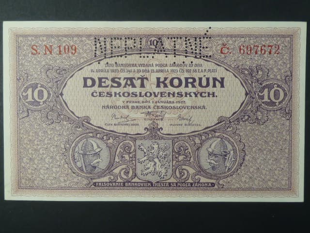 10 Kč 1927 série N 109, perf. NEPLATNÉ