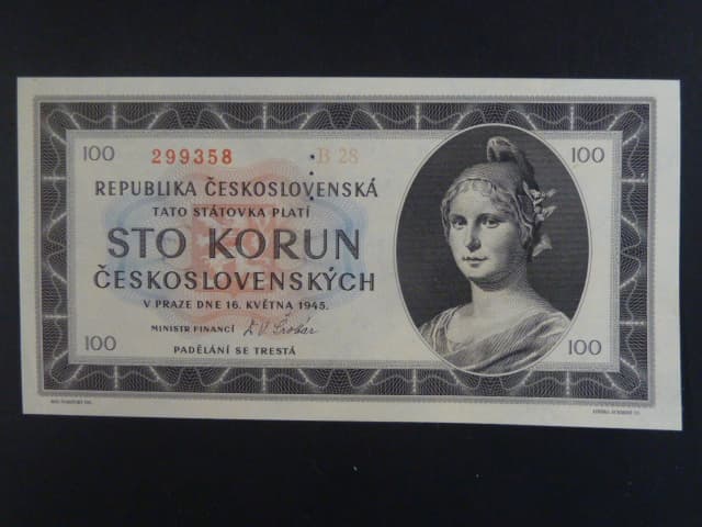 100 Kčs 1945 série B 28, perf. "3md" nad sebou