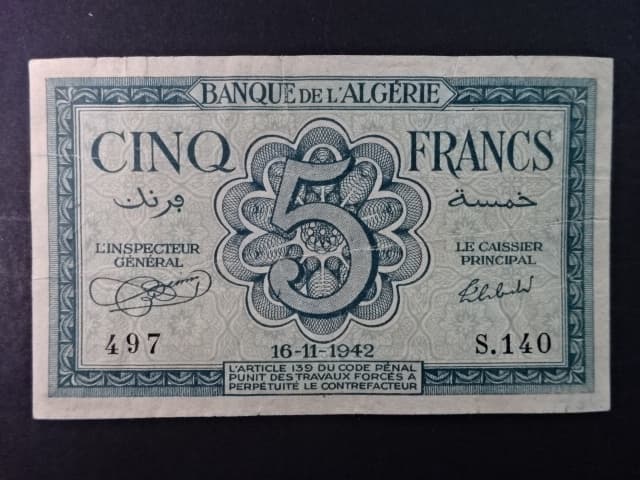 ALŽÍR, 5 Francs 1942, BNB. B134a