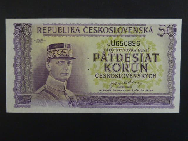 50 Kčs 1945 série JU, perf. "3md" svisle nad sebou