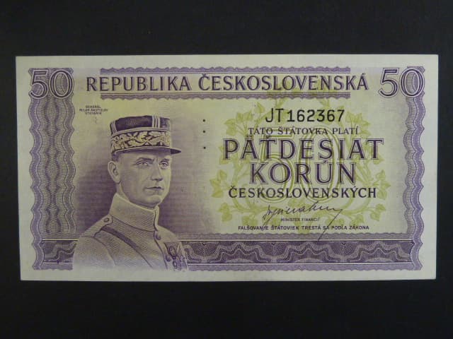 50 Kčs 1945 série JT, perf. "3md" svisle nad sebou