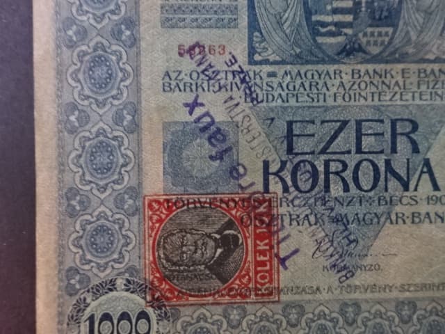 1000 K 2.1.1902, kolkovaná - padelany kolek s raz. Timbre faux (fialové) + BÚMF Da. 9 + 3
