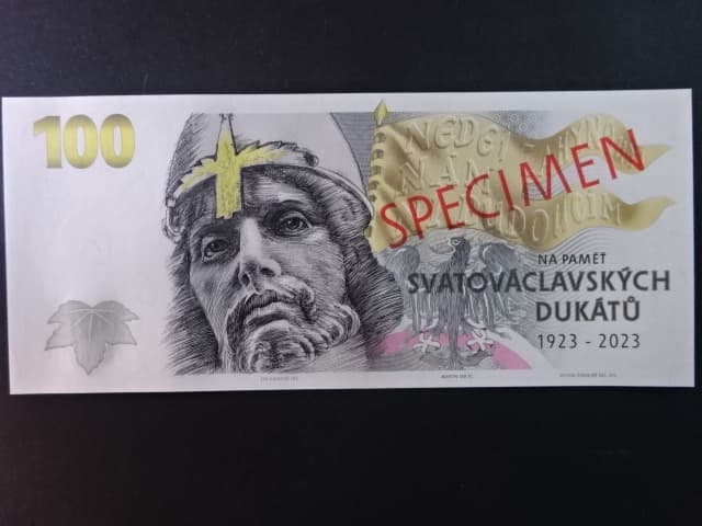 Pamětní tisk ve formě bankovky na paměť svatováclavských dukátů, série C anulát s přetiskem SPECIMEN, dárkový obal