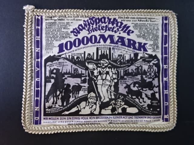 nouzová papírová platidla 1918 - 1924, Bielefeld, 10000 Mark 15.2.1923 hedvábí, dekorativní lem