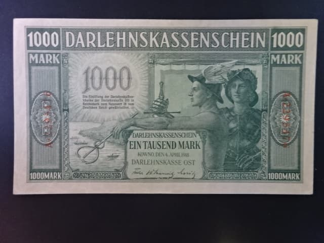 vydání pro obsazené území 1914 - 1945, okupace Pobaltí 1916 - 1918, Kowno, 1000 Mark 4.4.1918 Darlehnskassenschein Kowno, Ros. 471a, Grab. EWK-47