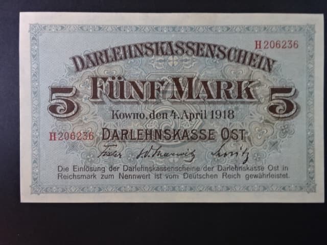 vydání pro obsazené území 1914 - 1945, okupace Pobaltí 1916 - 1918, Kowno, 5 Mark 4.4.1918 série H Darlehnskassenschein Kowno, Ros. 467, Grab. EWK-42