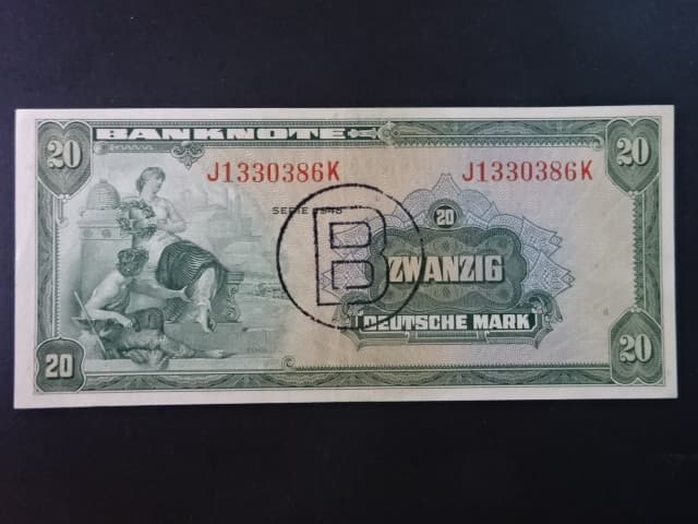 Vydání pro Berlín, 20 Deutsche Mark 1948 série J/K s přetiskem B, Ros. 241, Grab. WBZ-18a