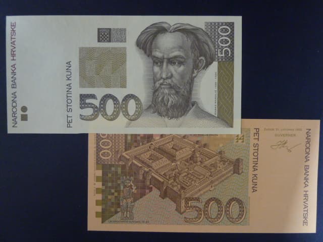 500 Kuna 1993 zkušební jednostranné tisky na žlutém papíře, rub + líc, BNB. B407, Pi. 34