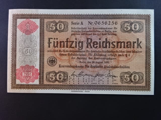 Konversionskassenschein, 50 RM 28.8.1933 série E s přetiskem 1/1934 v giloši s perf. ENTWERTET, Ro. 712, Grab. DEU-236E1