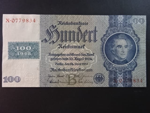 DDR - 100 DM 1948 (1935) série B/X s kolkem, Ro. 338, Grab. SBZ-9b