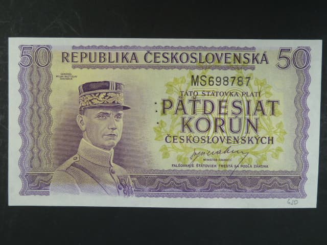 50 Kčs 1945 série MS, perf. "3md" svisle nad sebou