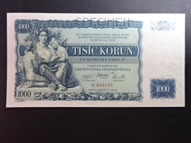 1000 Kč 1934 série O, 1x perf. SPECIMEN