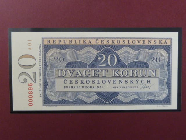 20 Kčs 1953 série A 01 novotisk vydaný STC ve spolupráci s ČNB, papír s vodoznakem, kvalitní tisk, dárkový obal