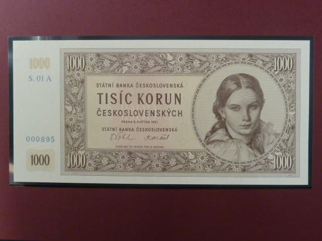 1000 Kčs 1951 série A 01 novotisk vydaný STC ve spolupráci s ČNB, papír s vodoznakem, kvalitní tisk, dárkový obal
