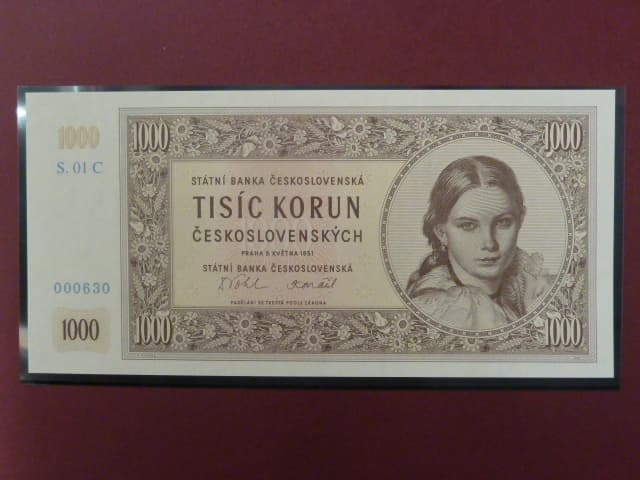 1000 Kčs 1951 série C 01 novotisk vydaný STC ve spolupráci s ČNB, papír s vodoznakem, kvalitní tisk, dárkový obal