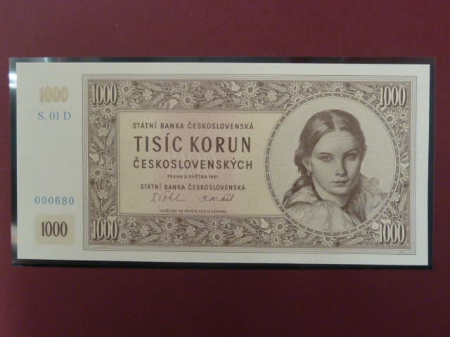 1000 Kčs 1951 série D 01 novotisk vydaný STC ve spolupráci s ČNB, papír s vodoznakem, kvalitní tisk, dárkový obal