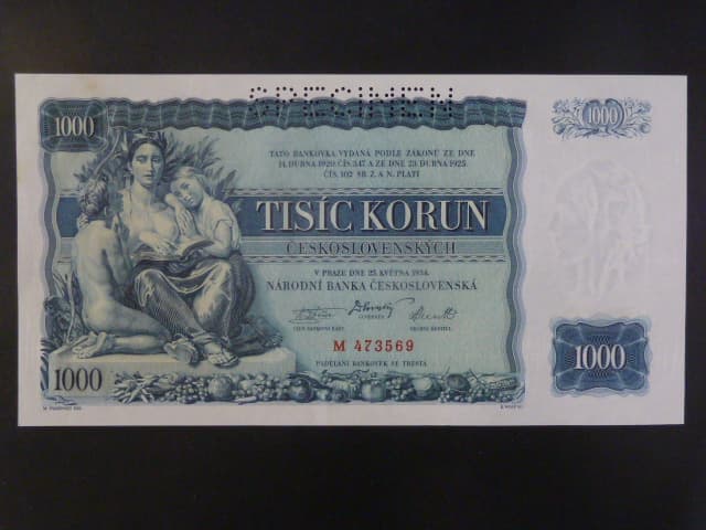 1000 Kč 1934 série M, 1x perf. SPECIMEN