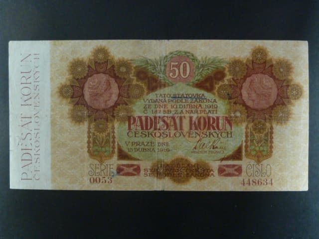 50 Kč 1919 série 0053 široké číslice, stopy po ink. tužce