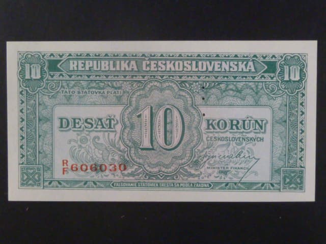 10 Kčs 1945 série R/F, perf. "3md" nad sebou