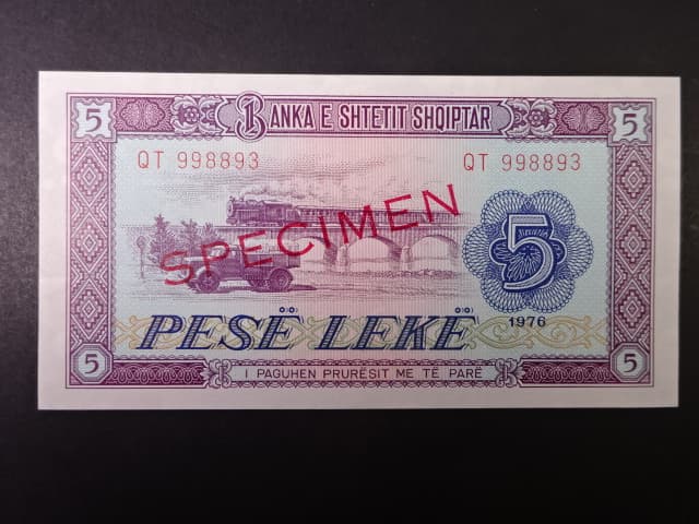 5 Leke 1976 SPECIMEN, BNB. B220s2, Pi. 42