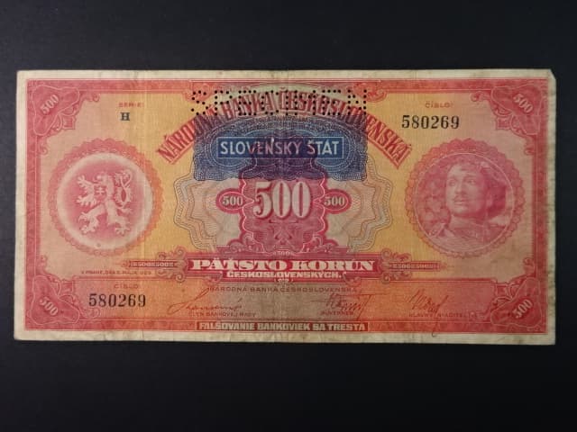 500 Ks 1929/1939 s přetiskem série H, perf. 1x SPECIMEN nahoře