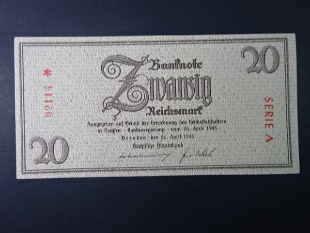 vydání pro Sasko, 20 Reichsmark 26.4.1945 série A, Ro. 184, Grab. DEU-260a