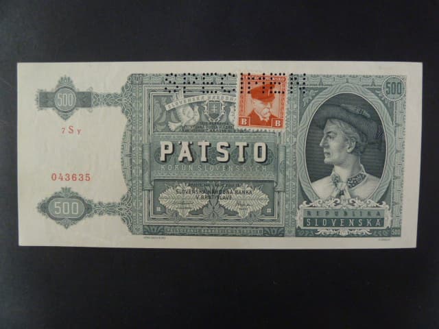 500 Ks 1941 kolkovaná série 7Sy, perf. SPECIMEN nahoře