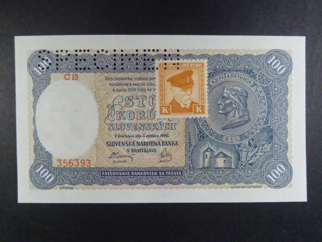 100 Ks 1940 I.vydání, kolkovaná série C 13, perf. SPECIMEN nahoře