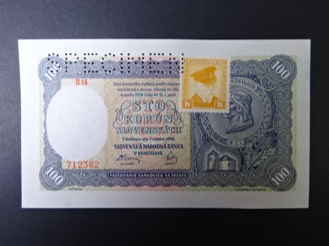 100 Ks 1940 I.vydání, kolkovaná série B 14, perf. SPECIMEN nahoře