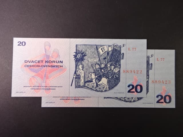 20 Kčs 1970 série L 77, 2 kusy s čísly po sobě