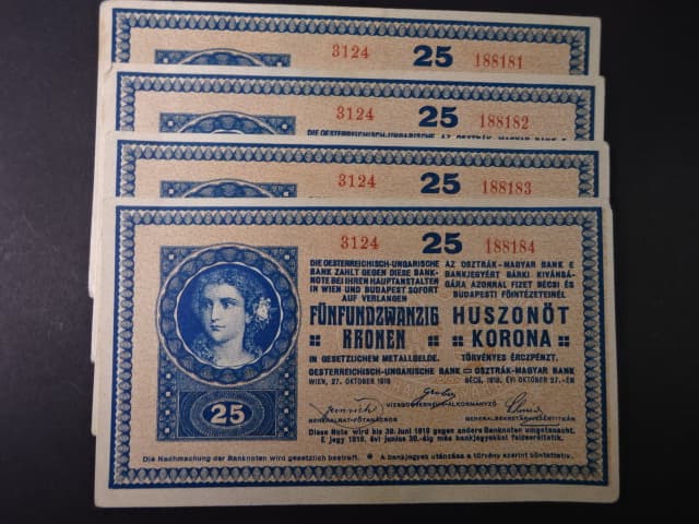 25 K 27.10.1918 série 3124, vydání MRR varianta číslovače "a", s podtiskem na R, 4 kusy s čísly po sobě