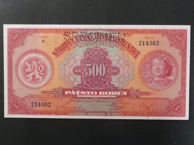 500 Kč 1929 série D, 1x perf. SPECIMEN