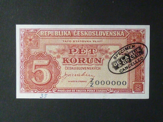 5 Kčs 1945 série Z/Z 000000 anulát s pečetí De La Rue, ručně číslo 35