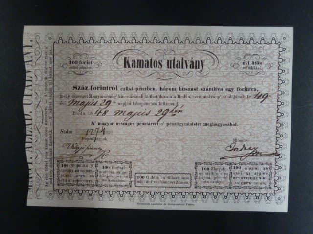 Uhersko, 100 Forint / Gulden 29.5.1848 do 29.5.1849 platnost 12 měsíců, Ri. 404, neperforovaný, vzácný, krásný stav