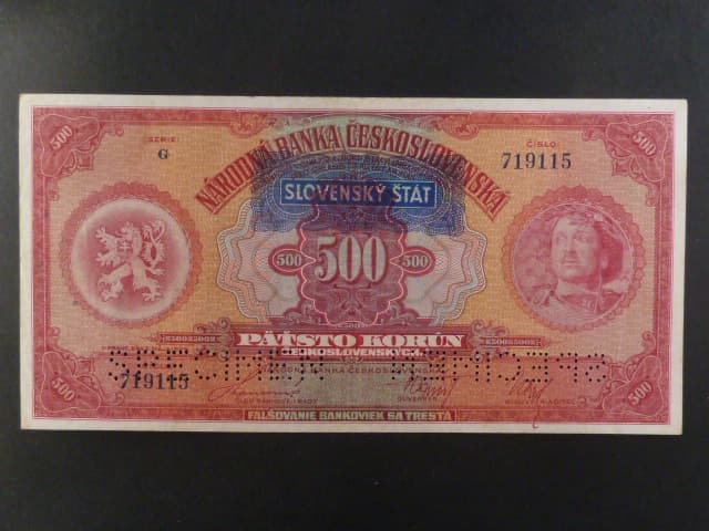 500 Ks 1929/1939 s přetiskem série G, perf. 2x SPECIMEN dole