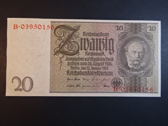 Německo, 20 RM 1929 série B, válečné vydání, Ba. D3d