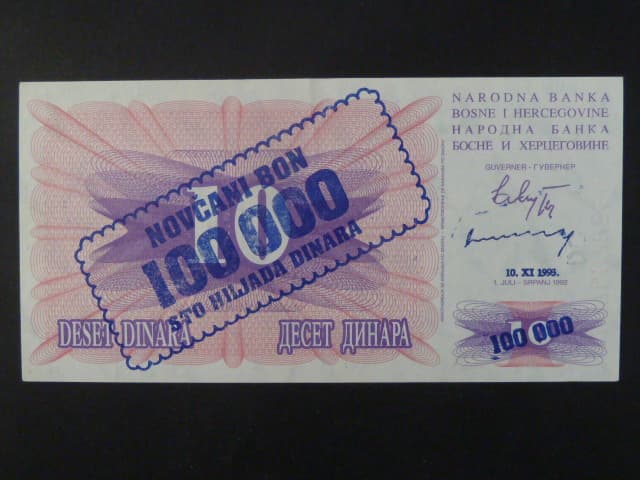 100.000 dinara on 10 Dinara 10.XI.1993, BNB. B134b, Pi. 34