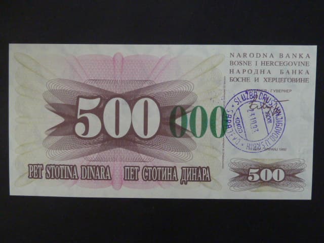 500.000 dinara on 500 Dinara 23.10.1993 s raz. SARAJEVO,  Pi. 56