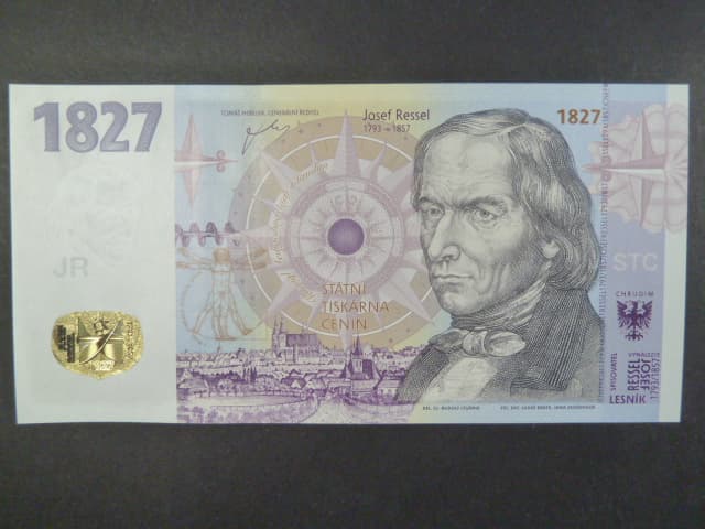 Pamětní tisk STC v podobě bankovky "1827", nazvaný „1827 Josef Ressel“ série R02 000018, vydala Státní tiskárna cenin, nové technologie tisku, mikroperforace, nový papír a ochranné prvky