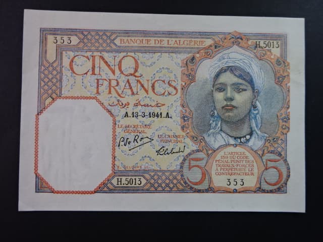 ALŽÍR, 5 Francs 13-3-1941, BNB. B123d, Pi. 77b
