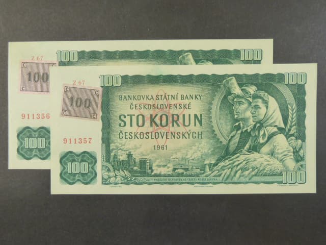 100 Kč 1961/1993 série Z 67, kolek, 2 ks s čísly po sobě