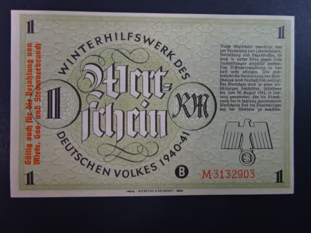 Winterhilfswerk 1934-1944 (Zimní pomoc), 1 RM 1940/1941 série M, Ro. 726, Grab. WHW-27